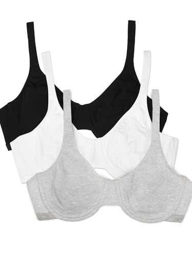 Fruit of the Loom Damen Ungefütterter Bügel Baumwoll-und Spandex-Mischung für Natürliche Form und Flexibilität T-Shirt-BH, Schwarz/Weiß/Grau meliert, 85E (3er Pack) von Fruit of the Loom