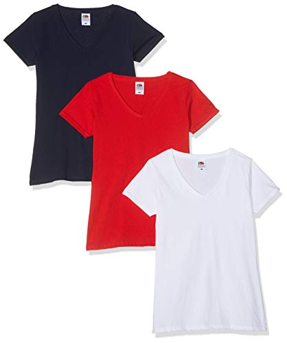 Fruit of the Loom Damen Valueweight V Neck Lady-fit 3 Pack T-Shirt, Mehrfarbig (Red/White/Navy 40/30/Az), 42 (Herstellergröße: XL/16) (3er Pack) von Fruit of the Loom