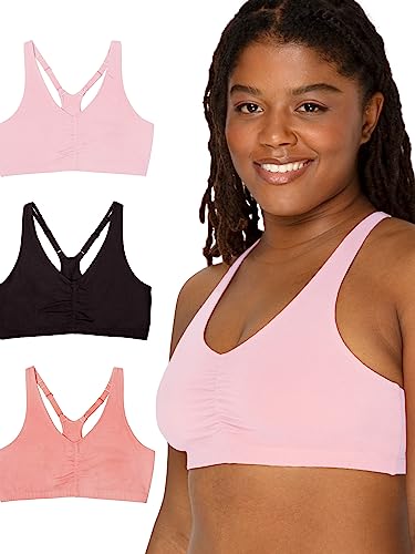 Fruit of the Loom Damen Verstellbarer Geraffter Vorderseite, Racerback, 3er-Pack Sport-BH, Blickdicht, Desert Dusk/Black/Blushing Rose, 90 von Fruit of the Loom