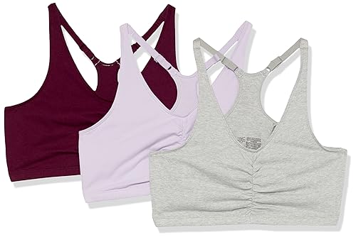 Fruit of the Loom Damen Verstellbarer Geraffter Vorderseite, Racerback, 3er-Pack Sport-BH, Blickdicht, Lila/Grau Heather/Lila Samt, 80 von Fruit of the Loom