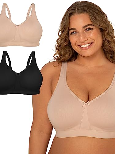 Fruit of the Loom Damen Wireless Cotton Bra in Übergröße BH mit voller Abdeckung, Blickdicht, Sand/schwarzer Farbton, 90G (2er Pack) von Fruit of the Loom