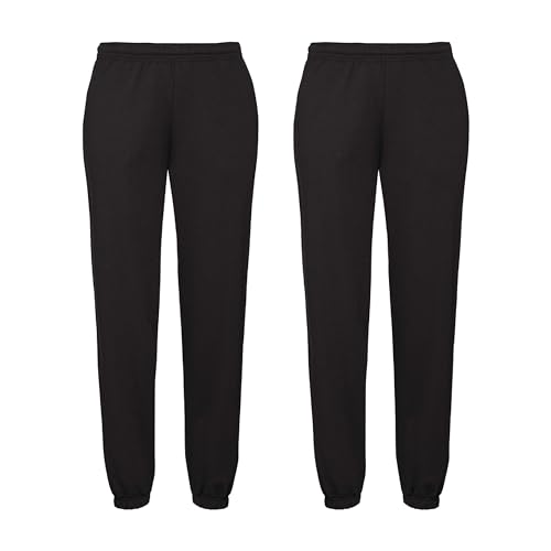 Fruit of the Loom Doppelpack Classic Elasticated Cuff Jog Pants + GRATIS MyShirt Stoffbeutel, Farbe:schwarz, Größe:M von Fruit of the Loom
