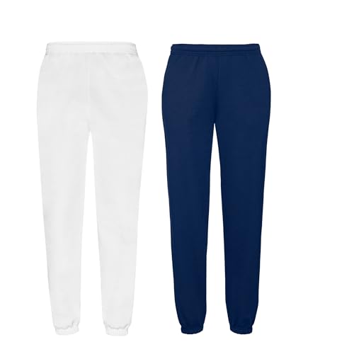 Fruit of the Loom Herren 2er Jogginghose Set Classic Elastic Leg Jog Pants M L XL XXL 3XL Verschiedene Farbsets & HLKauf-Block (1x Weiss, 1x Deep Navy & 1x HLKauf-Block, M) von Fruit of the Loom