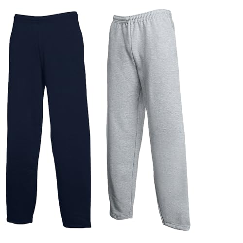 Fruit of the Loom Herren 2er Jogginghose Set Classic Offen Leg Jog Pants M L XL XXL 3XL Verschiedene Farbsets & HLKauf-Block (1x Grau, 1x Deep Navy & 1x HLKauf-Block, M) von Fruit of the Loom