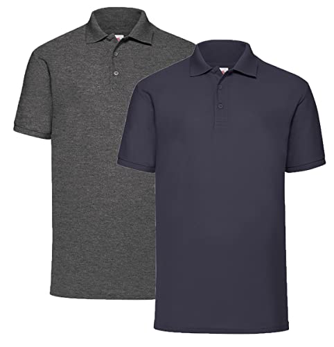 Fruit of the Loom Herren 65/35 Poloshirt, 1x Dark Heather + 1x Deep Navy + 1HL Kauf Notizblock, L von Fruit of the Loom