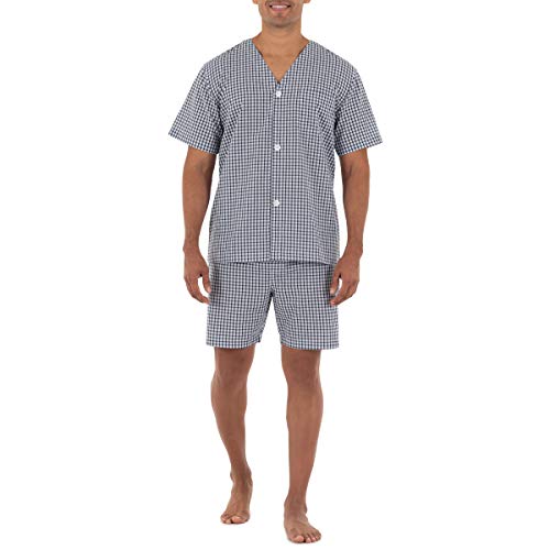 Fruit of the Loom Herren Broadcloth Pyjama-Set mit kurzen Ärmeln Pyjamaset, Marineblau/Weiß kariert, Large von Fruit of the Loom