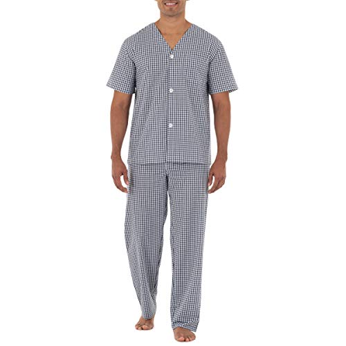 Fruit of the Loom Herren Pyjama-Set mit Kurzen Ärmeln und Langer Hose aus Breitem Stoff Pyjamaset, Marineblau/Weiß kariert, Large von Fruit of the Loom