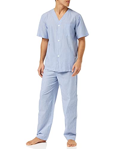 Fruit of the Loom Herren Pyjama-Set mit Kurzen Ärmeln und Langer Hose aus Breitem Stoff Pyjamaset, blau gestreift, Small von Fruit of the Loom