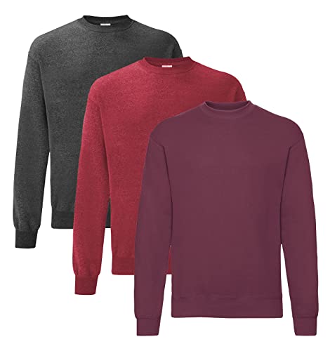Fruit of the Loom Herren Classic Set In Sweat, 3 Pack Sweatshirt, 1x Dark Heather + 1x Burgund + 1x Vintage Heather Red + 1 HL Kauf Notizblock, L (3er Pack) von Fruit of the Loom