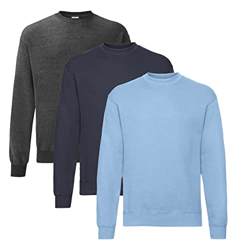 Fruit of the Loom Herren Classic Set In Sweat, 3 Pack Sweatshirt, 1x Dark Heather + 1x Deep Navy + 1x Pastellblau + 1 HL Kauf Notizblock, M (3er Pack) von Fruit of the Loom