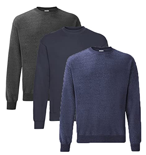 Fruit of the Loom Herren Classic Set In Sweat, 3 Pack Sweatshirt, 1x Dark Heather + 1x Deep Navy + 1x Vintage Heather Navy + 1 HL Kauf Notizblock, XL (3er Pack) von Fruit of the Loom