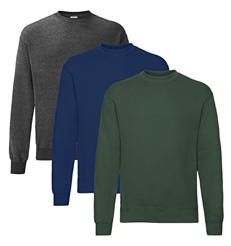 Fruit of the Loom Herren Classic Set In Sweat, 3 Pack Sweatshirt, 1x Dark Heather + 1x Navy + 1x Flaschengrün + 1 HL Kauf Notizblock, L (3er Pack) von Fruit of the Loom