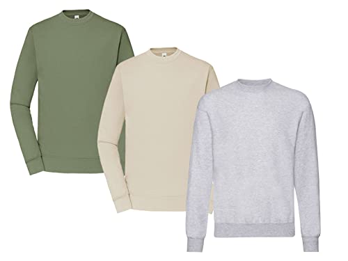 Fruit of the Loom Herren Classic Set In Sweat, 3 Pack Sweatshirt, 1x Grau + 1x Natural + 1x Olive + 1 HL Kauf Notizblock, XL (3er Pack) von Fruit of the Loom