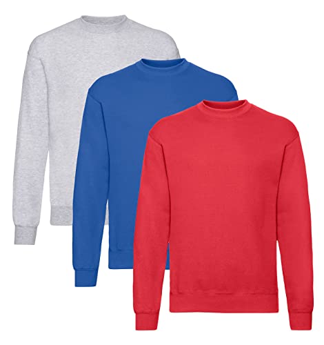 Fruit of the Loom Herren Classic Set In Sweat, 3 Pack Sweatshirt, 1x Grau + 1x Rot + 1x Royal + 1 HL Kauf Notizblock, M (3er Pack) von Fruit of the Loom