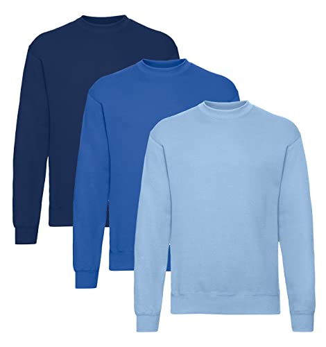 Fruit of the Loom Herren Classic Set In Sweat, 3 Pack Sweatshirt, 1x Navy + 1x Royal + 1x Pastellblau + 1 HL Kauf Notizblock, L (3er Pack) von Fruit of the Loom