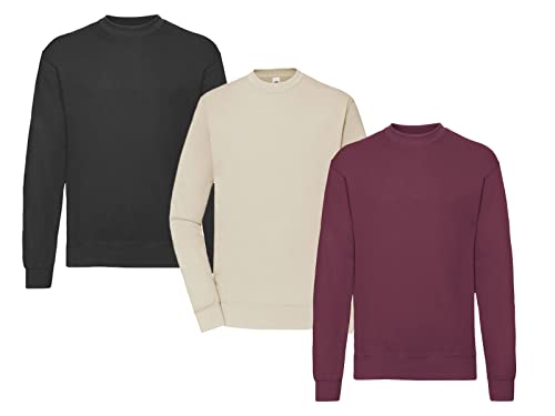 Fruit of the Loom Herren Classic Set In Sweat, 3 Pack Sweatshirt, 1x Schwarz + 1x Burgund + 1x Natural + 1 HL Kauf Notizblock, L (3er Pack) von Fruit of the Loom