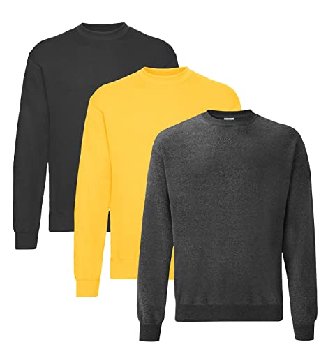 Fruit of the Loom Herren Classic Set In Sweat, 3 Pack Sweatshirt, 1x Schwarz + 1x Dark Heather + 1x Gelb + 1 HL Kauf Notizblock, L (3er Pack) von Fruit of the Loom