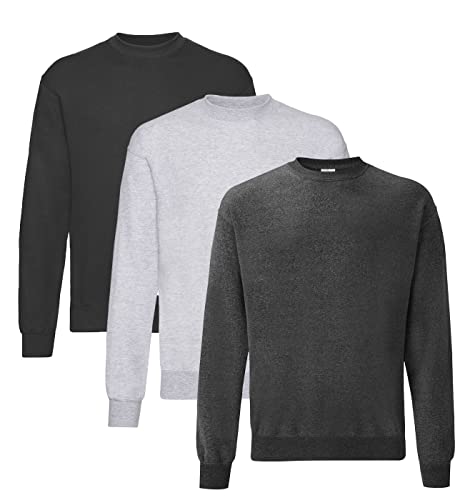 Fruit of the Loom Herren Classic Set In Sweat, 3 Pack Sweatshirt, 1x Schwarz + 1x Dark Heather + 1x Grau + 1 HL Kauf Notizblock, XXL (3er Pack) von Fruit of the Loom