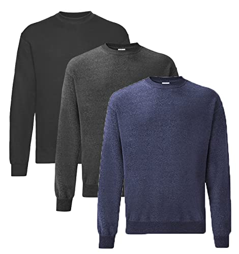 Fruit of the Loom Herren Classic Set In Sweat, 3 Pack Sweatshirt, 1x Schwarz + 1x Dark Heather + 1x Vintage Heather Navy + 1 HL Kauf Notizblock, XL (3er Pack) von Fruit of the Loom