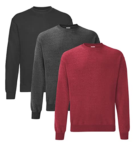 Fruit of the Loom Herren Classic Set In Sweat, 3 Pack Sweatshirt, 1x Schwarz + 1x Dark Heather + 1x Vintage Heather Red + 1 HL Kauf Notizblock, L (3er Pack) von Fruit of the Loom