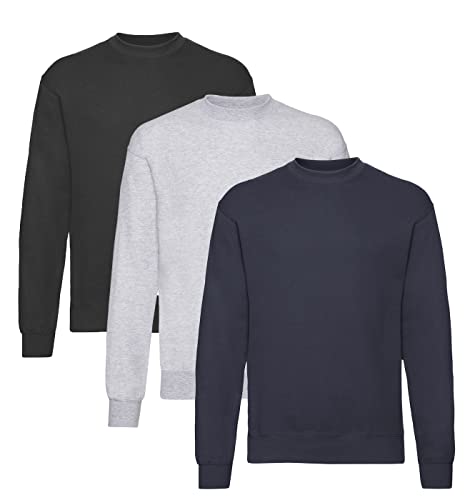 Fruit of the Loom Herren Classic Set In Sweat, 3 Pack Sweatshirt, 1x Schwarz + 1x Deep Navy + 1x Grau + 1 HL Kauf Notizblock, 3XL (3er Pack) von Fruit of the Loom