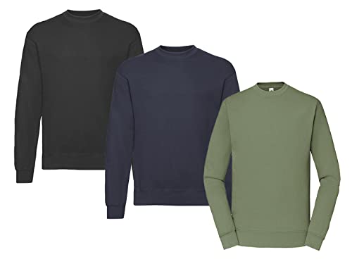 Fruit of the Loom Herren Classic Set In Sweat, 3 Pack Sweatshirt, 1x Schwarz + 1x Deep Navy + 1x Olive + 1 HL Kauf Notizblock, XL (3er Pack) von Fruit of the Loom