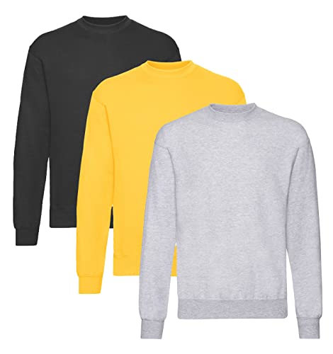 Fruit of the Loom Herren Classic Set In Sweat, 3 Pack Sweatshirt, 1x Schwarz + 1x Grau + 1x Gelb + 1 HL Kauf Notizblock, L (3er Pack) von Fruit of the Loom