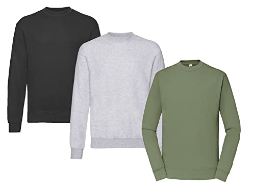 Fruit of the Loom Herren Classic Set In Sweat, 3 Pack Sweatshirt, 1x Schwarz + 1x Grau + 1x Olive + 1 HL Kauf Notizblock, L (3er Pack) von Fruit of the Loom