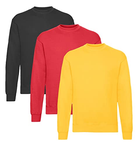 Fruit of the Loom Herren Classic Set In Sweat, 3 Pack Sweatshirt, 1x Schwarz + 1x Rot + 1x Gelb + 1 HL Kauf Notizblock, XL (3er Pack) von Fruit of the Loom