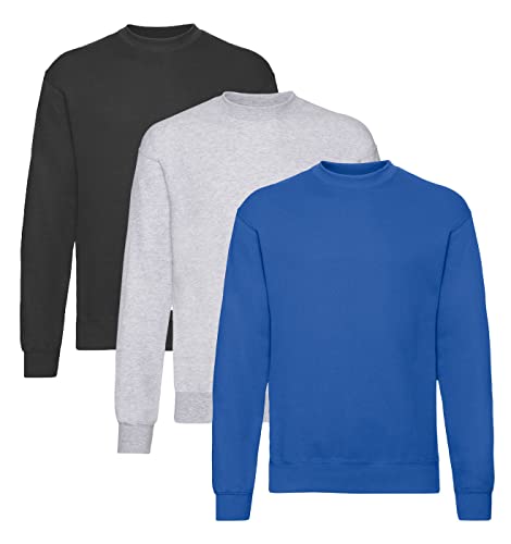 Fruit of the Loom Herren Classic Set In Sweat, 3 Pack Sweatshirt, 1x Schwarz + 1x Royal + 1x Grau + 1 HL Kauf Notizblock, 3XL (3er Pack) von Fruit of the Loom