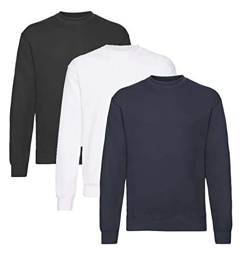 Fruit of the Loom Herren Classic Set In Sweat, 3 Pack Sweatshirt, 1x Schwarz + 1x Weiss + 1x Deep Navy + 1 HL Kauf Notizblock, L (3er Pack) von Fruit of the Loom