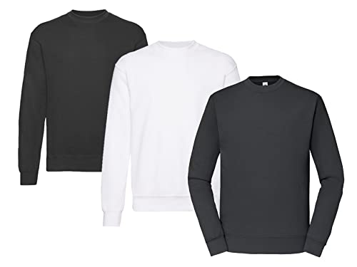 Fruit of the Loom Herren Classic Set In Sweat, 3 Pack Sweatshirt, 1x Schwarz + 1x Weiss + 1x Graphit + 1 HL Kauf Notizblock, M (3er Pack) von Fruit of the Loom