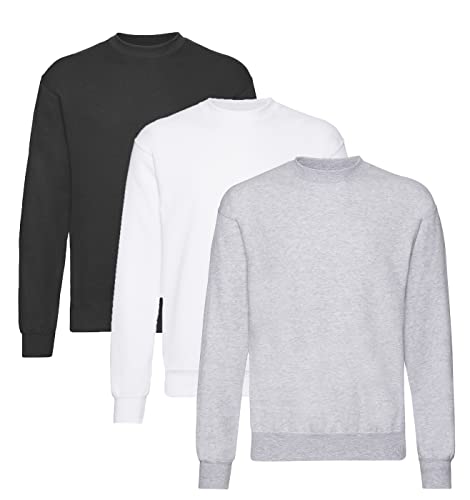 Fruit of the Loom Herren Classic Set In Sweat, 3 Pack Sweatshirt, 1x Schwarz + 1x Weiss + 1x Grau + 1 HL Kauf Notizblock, M (3er Pack) von Fruit of the Loom