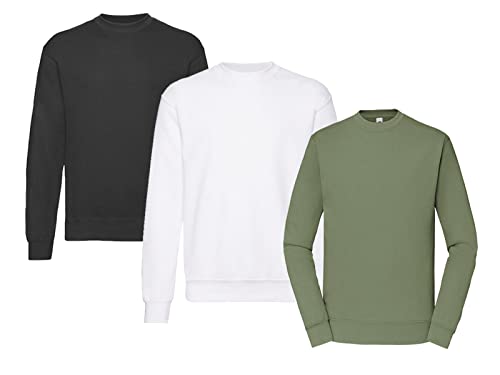 Fruit of the Loom Herren Classic Set In Sweat, 3 Pack Sweatshirt, 1x Schwarz + 1x Weiss + 1x Olive + 1 HL Kauf Notizblock, L (3er Pack) von Fruit of the Loom