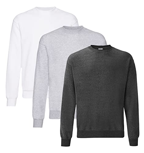 Fruit of the Loom Herren Classic Set In Sweat, 3 Pack Sweatshirt, 1x Weiss + 1x Dark Heather + 1x Grau + 1 HL Kauf Notizblock, L (3er Pack) von Fruit of the Loom