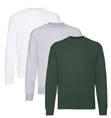 Fruit of the Loom Herren Classic Set In Sweat, 3 Pack Sweatshirt, 1x Weiss + 1x Flaschengrün + 1x Grau + 1 HL Kauf Notizblock, XL (3er Pack) von Fruit of the Loom