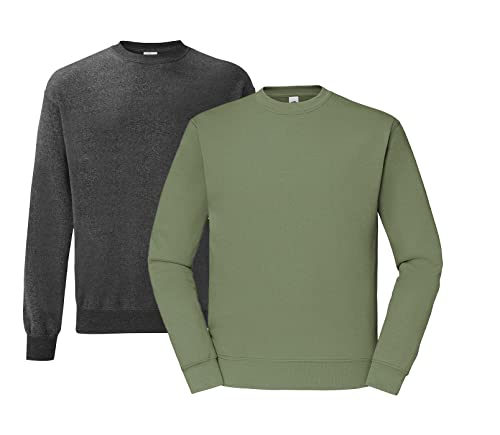 Fruit of the Loom Herren 62-202-0 Set-IN Sweatshirts 1er/2er - 1x Dark Heather, 1x Olive & 1x HLKauf Block - Größe: L von Fruit of the Loom