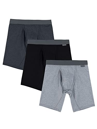 Fruit of the Loom Herren Handgefertigte Komfort-Stretch-Boxershorts Retroshorts, Langes Bein – Schwarz/Grau, Large von Fruit of the Loom