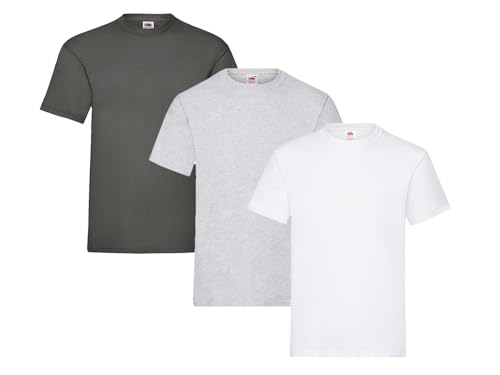 Fruit of the Loom Herren Heavy T-Shirt 3er Pack, 1 x Grau, 1 x Weiß, 1 x Graphit und 1 HL Kauf Notizblock, 3XL von Fruit of the Loom