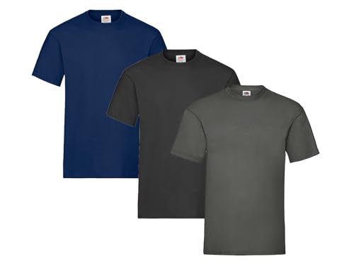 Fruit of the Loom Herren Heavy T-Shirt 3er Pack, 1 x Schwarz, 1 x Marineblau, 1 x Graphit und 1 x HL Kauf Notizblock, 3XL von Fruit of the Loom