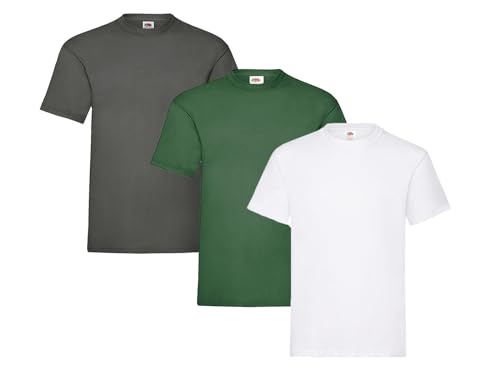Fruit of the Loom Herren Heavy T-Shirt 3er Pack, 1 x Weiß, 1 x Graphit, 1 x Flaschengrün und 1 HL Kauf Notizblock, 3XL von Fruit of the Loom