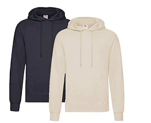 Fruit of the Loom Herren Hooded Sweat Sweatshirt, Blickdicht, 1x Deep Navy + 1x Natur + 1x HL-Kauf Notizblock, M von Fruit of the Loom