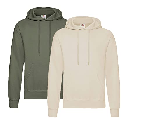 Fruit of the Loom Herren Hooded Sweat Sweatshirt, Blickdicht, 1x Olive + 1x Natur + 1x HL-Kauf Notizblock, L von Fruit of the Loom