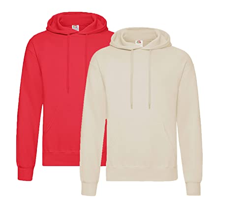 Fruit of the Loom Herren Hooded Sweat Sweatshirt, Blickdicht, 1x Rot + 1x Natur + 1x HL-Kauf Notizblock, M von Fruit of the Loom