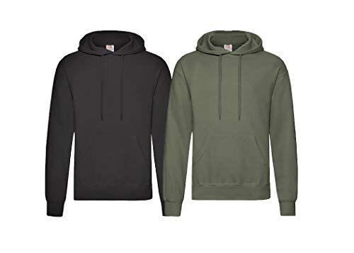 Fruit of the Loom Herren Hooded Sweat Sweatshirt, Blickdicht, 1x Schwarz + 1x Olive + 1x HL-Kauf Notizblock, XXL von Fruit of the Loom