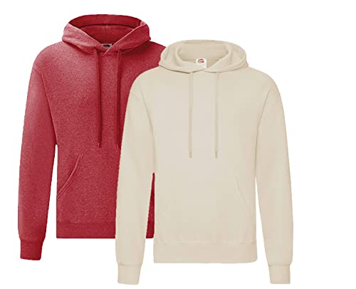 Fruit of the Loom Herren Hooded Sweat Sweatshirt, Blickdicht, 1x Vintage Heather Red + 1x Natur + 1x HL-Kauf Notizblock, XL von Fruit of the Loom