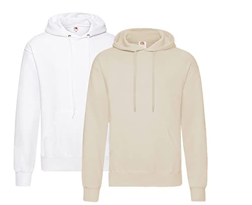 Fruit of the Loom Herren Hooded Sweat Sweatshirt, Blickdicht, 1x Weiss + 1x Natur + 1x HL-Kauf Notizblock, M von Fruit of the Loom