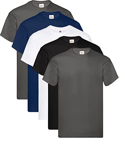 Fruit of the Loom Herren Original T. T-Shirt, 2Graphit 1Schwarz 1Navy 1Weiss, L (5er Pack) + 1HL-Kauf Notizblock von Fruit of the Loom