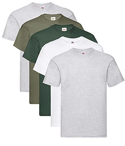 Fruit of the Loom Herren Original T. T-Shirt, 2Grau 1Flasche 1Olive 1Weiss, M (5er Pack) + 1HL-Kauf Notizblock von Fruit of the Loom