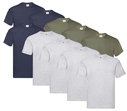 Fruit of the Loom Herren Original T. T-Shirt (10er Pack), Farbe:4X Grau + 3X Deep Navy + 3X Olive + 1 HL Kauf Notizblock, Größe:L von Fruit of the Loom